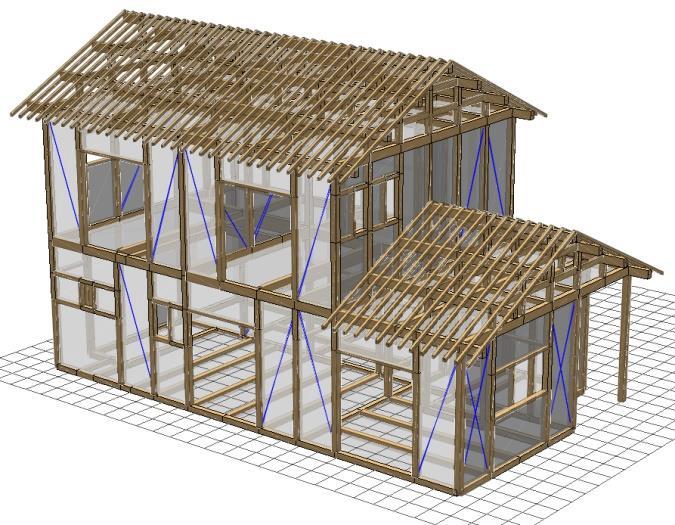 (a) With roof joist (b) With roof joists, walls and braces Fig.10 Framing model with roof joist of two-story wooden house Fig.7 shows this wooden house floor plans.