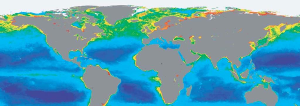 FIG. 4 Worldwide, year-round integrated estimate of chlorophyll concentration derived from data collected by the SeaWiFS satellite.