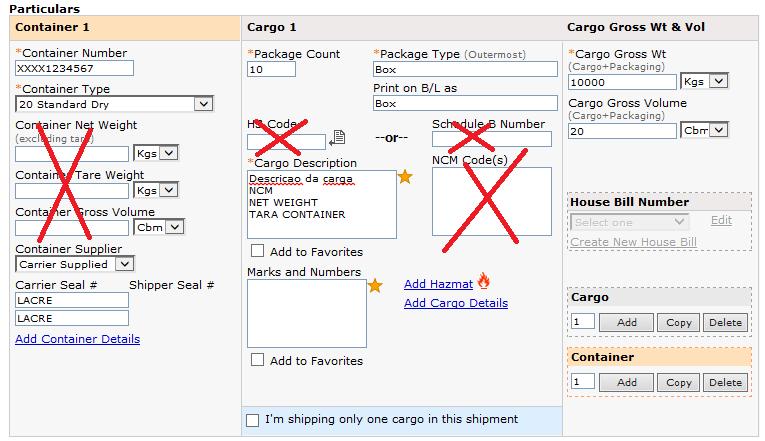 Cargo 1: Package count (mandatory): packages quantity. Package Type (mandatory): provide package type (Package types UNIT(S), BULK(S), LOT(S), PIECE(S) and PALLET(S) are not accepted by MSC).