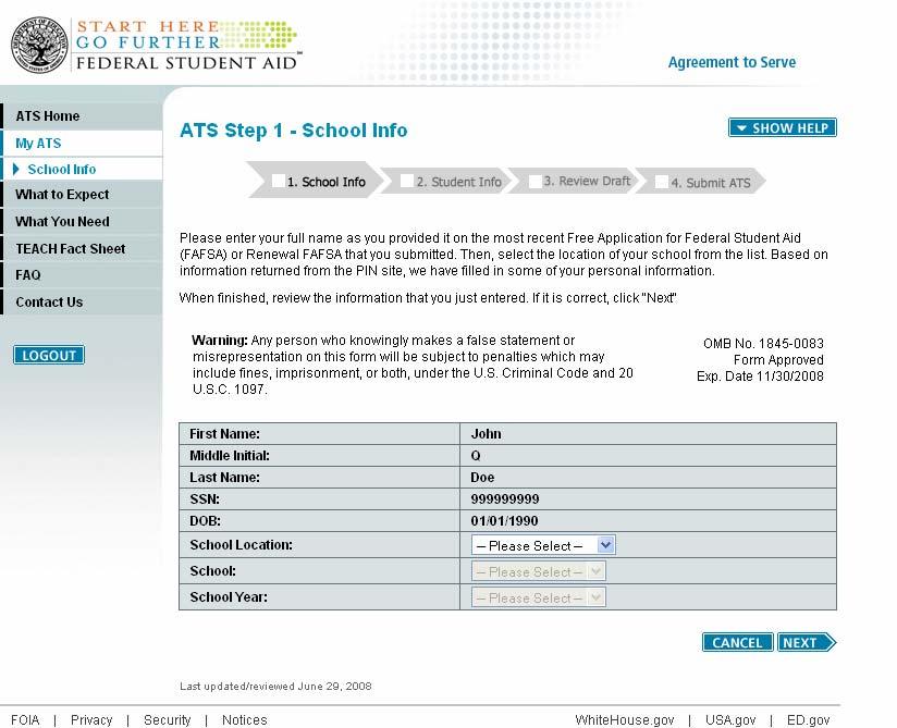 Notes for ATS Step 1 School Info After clicking on the Start New ATS Application link, the ATS Step 1 School Info screen will appear.