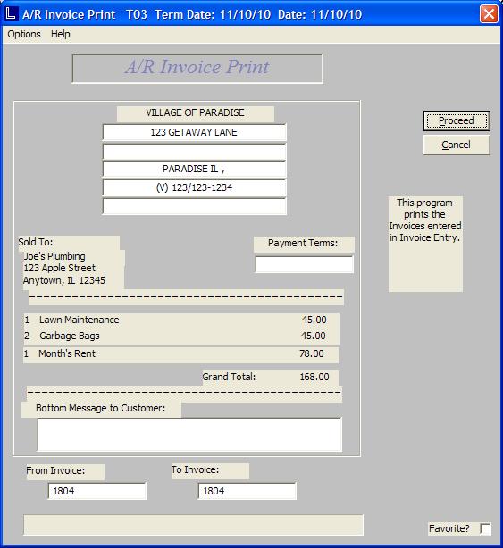 Printing A/R Invoices(ARIP) Payment Terms: Enter the Terms that will print on the invoices.