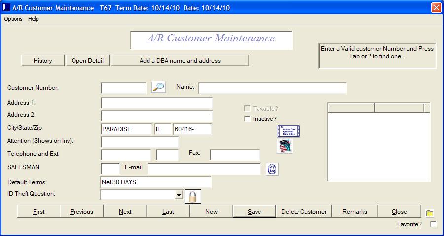 SET UP PROCESS Customer Account Setup(ARC) EACH CUSTOMER NEEDS TO BE SET UP IN THIS SCREEN. First line is assigning them a customer number and the customer name. You can give them any number you want.