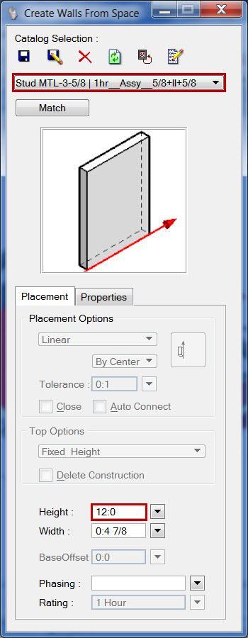 The Create Walls From Space tool utilizes the Place Wall tool settings window. Some settings options are not applicable for this command and are disabled.