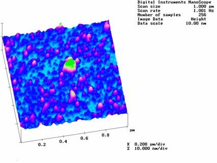 Fig. 7-5-4. AFM topography of a WO 3 film deposited with 70% oxygen partial pressure, -70 V bias, and 80 0 C post annealing in vacuum. 7.5.4. Conclusions of the section The effects of vacuum and air annealing (25-300 C) on IR absorption and UV-vis- NIR transmittance and reflection of the WO 3 films were discussed.