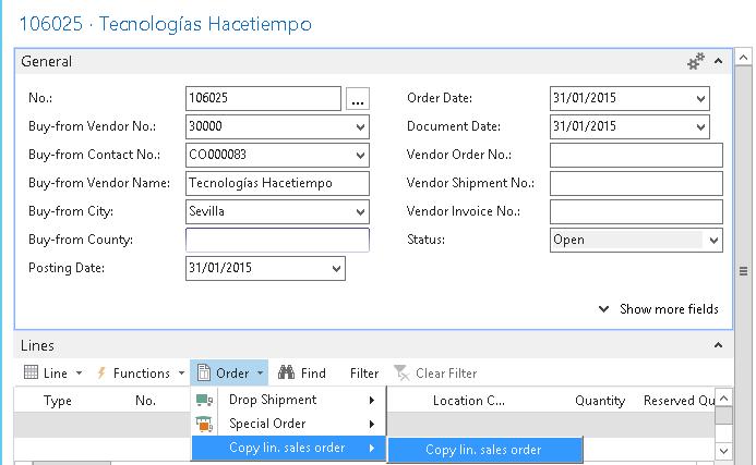 We create the purchase order header and select the option