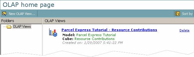 3 On the toolbar, click the OLAP Home link You see a link to Parcel Express Tutorial Resource Contributions in the OLAP Views list.