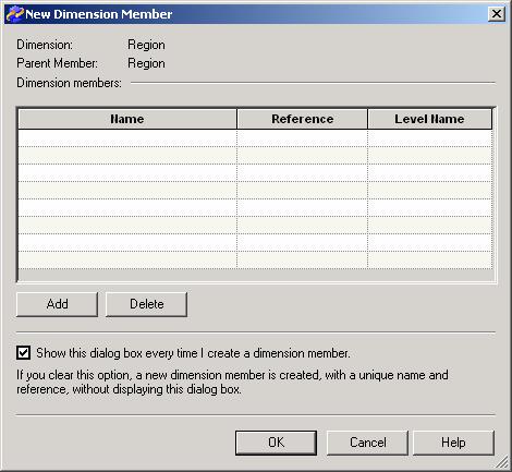 34 Creating Dimension Members Chapter 6 You see the New Dimension Member dialog box. 3 Click Add. 4 For Name, type USA.