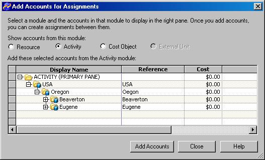 64 Making Assignments from Resources to Activities Chapter 10 You see the Add Accounts for Assignments dialog box. 2 Verify that the Activity module is selected.