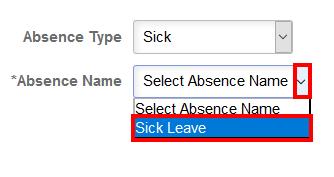 here, as these options are for an Exempt employee. 3. Click the drop-down next to Absence Type.