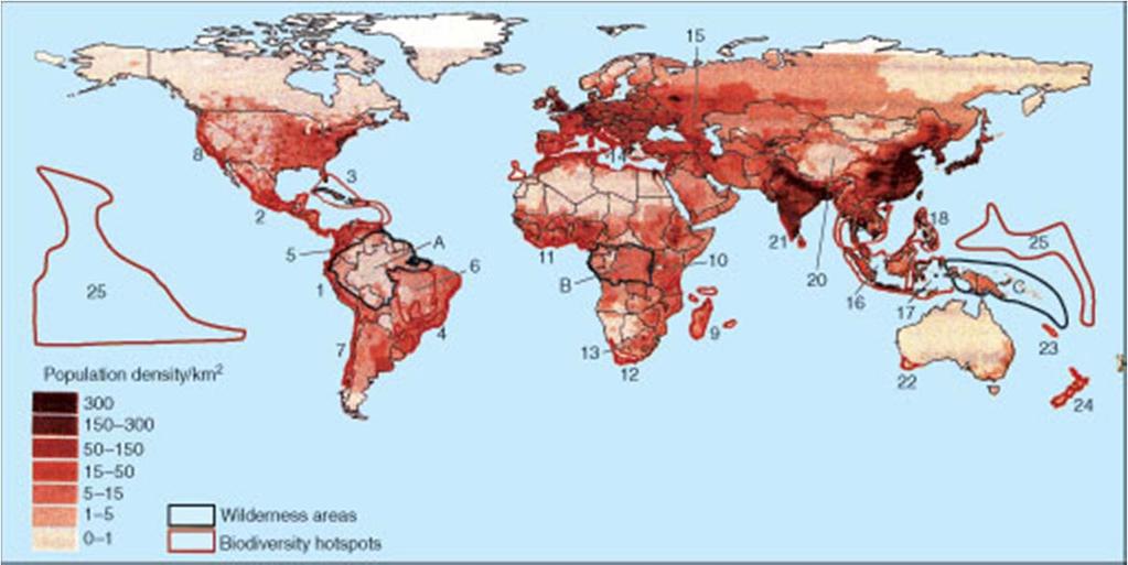 FIGURE 14-13 World population density (1995) and the 25 biodiversity hotspots (outlined in red, numbered) and three major tropical wilderness areas (outlined in black, lettered).