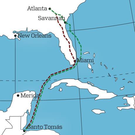 Comparing routes for CO 2 emissions Example: Central America to Atlanta, Georgia Routing via