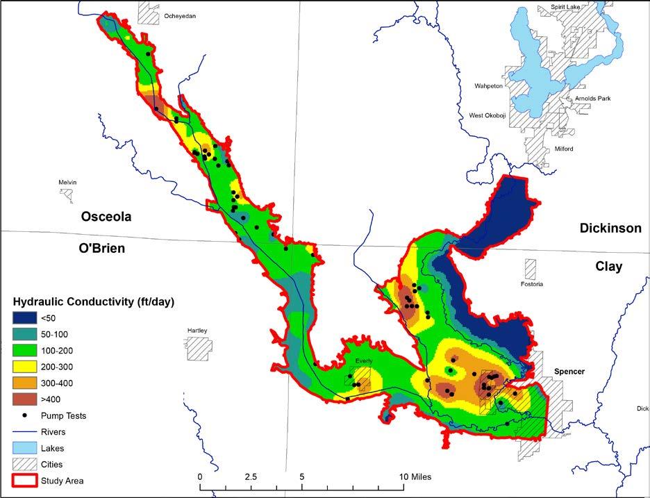 Figure 11. Aquifer test locations in the Ocheyedan River aquifer and hydraulic conductivity distribution based on data found in Appendix A.