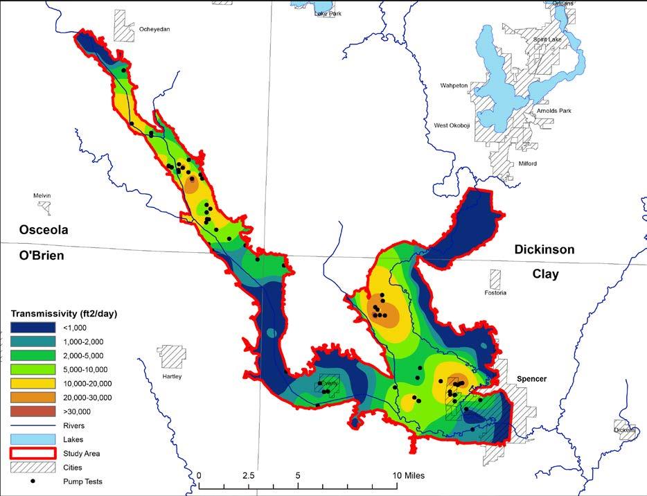 Figure 12. Transmissivity distribution within the Ocheyedan River aquifer based on data found in Appendix A. approximately 13 billion gallons per year (bgy) of water would recharge the aquifer.