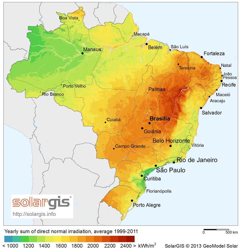 LCOE [ /kwh] Brazil: Direct Normal Irradiation (DNI) at a high level. Higher DNI leads to lower levelized cost of electricity (LCoE).
