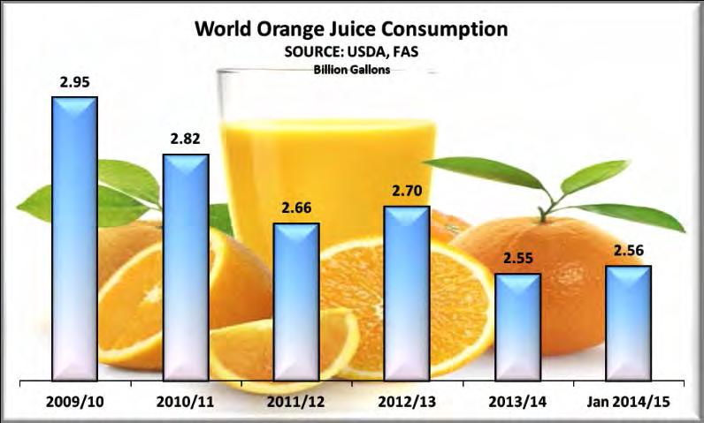 8% of all orange juice exports According to the Foreign Agricultural Service of the USDA, worldwide orange juice consumption has decreased