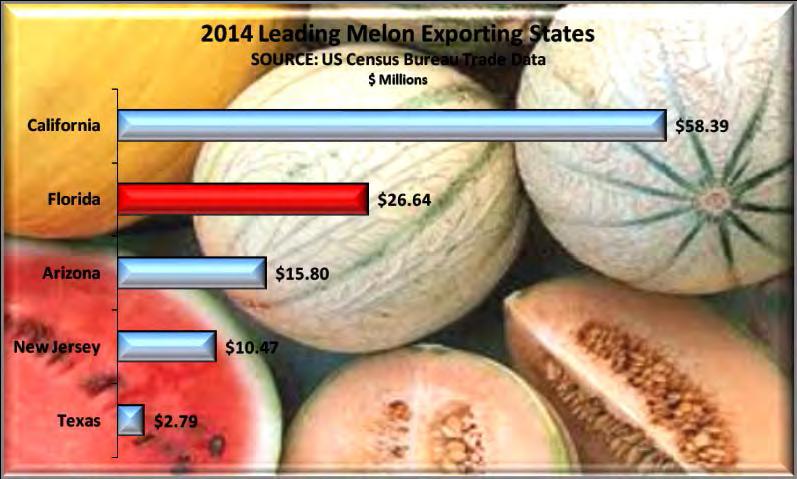 Fresh Melons Florida exported $26.6 million in melons during 2014 ranking second behind California. The fresh melon category does not include watermelons. Florida melon exports have grown from $20.
