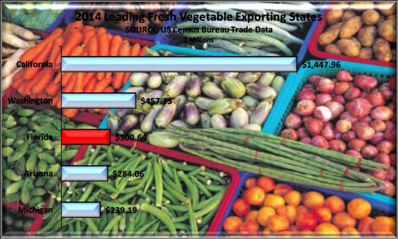 Fresh Vegetables In 2014 Florida exported fresh vegetables worth $301 million ranking the state 3 rd in the nation behind California and Washington. Arizona and Michigan rounded out the top 5.