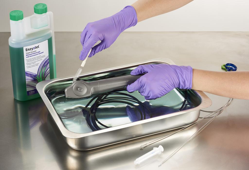 Enzystel is a triple-enzymatic detergent for the manual cleaning of endoscopes and surgical instruments including soaking in ultrasonic baths.