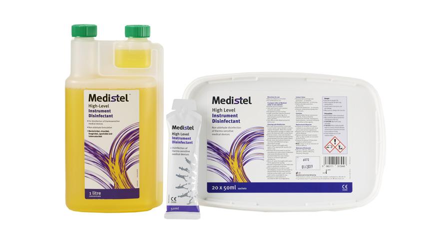 Medistel is a disinfectant for flexible and rigid endoscopes and surgical instruments based on quaternary ammonium compounds.