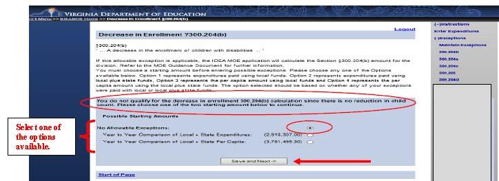 Screen will appear when the 300.204(b) allowable exception (i.e., decrease in enrollment) is not applicable and the division has passed two, but not all four tests.