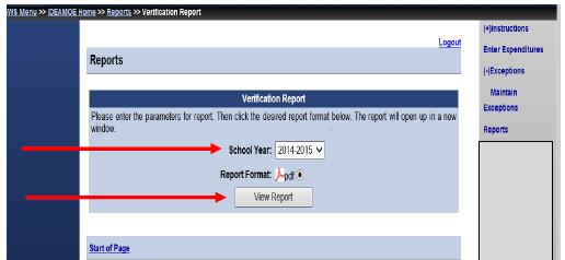 Below displays after the Verification Report option is selected.