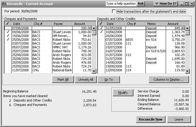 2. Click Continue (5). 3. QuickBooks displays the Reconcile Current Account window. Cheque and payments appear on the left side of the Reconcile window (6). Deposits appear on the right side (7).
