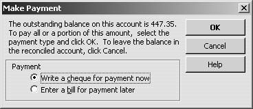 To write a cheque for the full amount owed, click Write a cheque for payment now (10) then click OK.