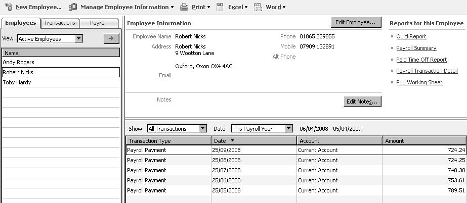 information, NI numbers, and payroll transactions. Here you can add a new employee, add a transaction to an existing employee, or print employee and transaction information.
