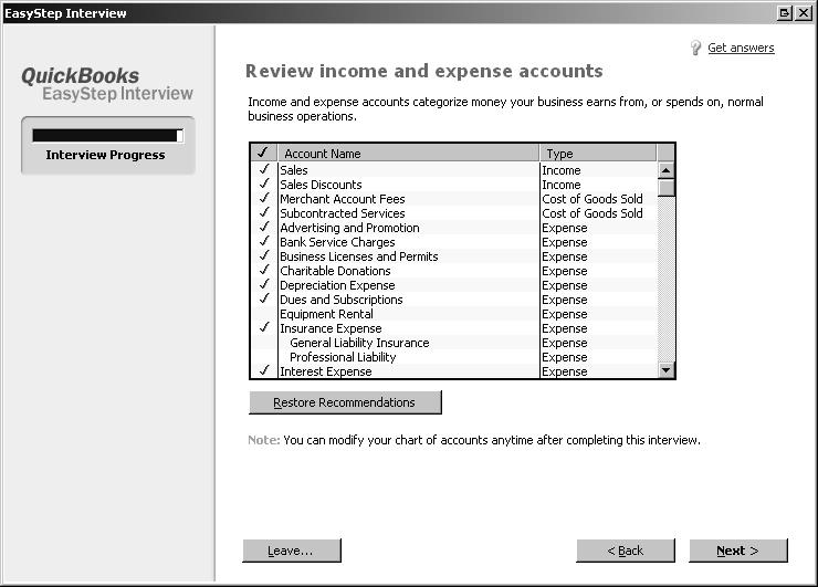 10. Finally, review the income and expense accounts QuickBooks created for you when you selected your type of industry.