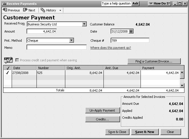 2 3 5 4 6 7 3. Apply the payment to an invoice by ticking the correct invoice in the Applied To list (7).