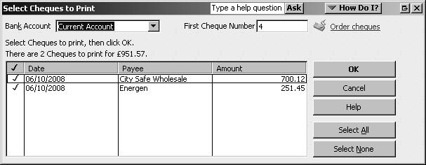 1. If you click the Print Cheques button in the Pay Bills Payment confirmation window (above), the Select Cheques to Print window appears, showing you the cheques waiting to be printed (1).
