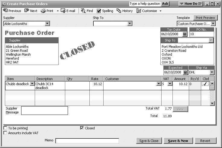 From the list of open purchase orders, find the purchase order you want to cancel (in the example, Able Locksmiths) then QuickZoom (double-click) on this purchase order to open the form. 2 1 3 3.