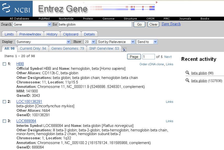 Entrez Gene is in the header Note the Official