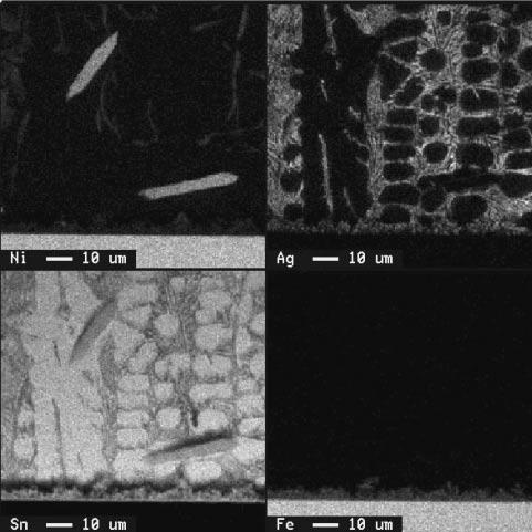 Microstructural observation and analysis on the solder and interface layers were carried out with scanning electron microscopy (SEM), electron probe microanalysis (EPM), and transmission electron