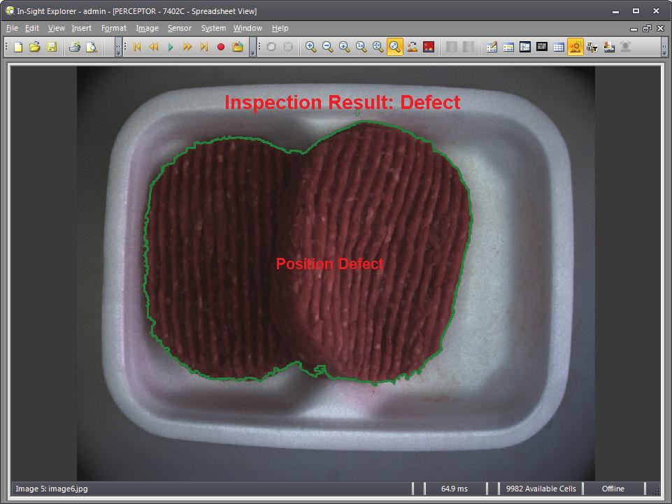 Figure 2. Machine vision for verifying product position and size of two meat patties in a Styrofoam tray. (a) Inspected and passed meat package.