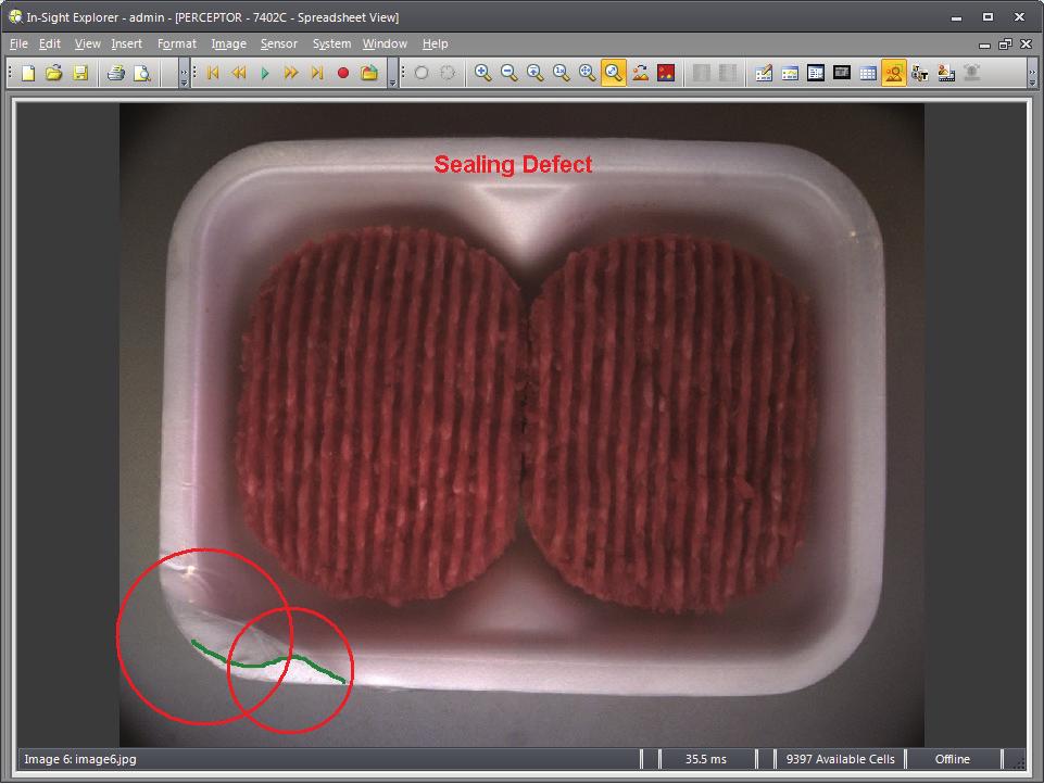 Figure 3. Machine vision for verifying the position and protective sealing of two meat patties in a Styrofoam tray. (a) OK inspection for completely sealed package.