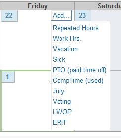 Repeated Hours use this entry to repeat hours across a selected range of dates. This can be used for ANY type of hours, including work and vacation. Work Hrs.