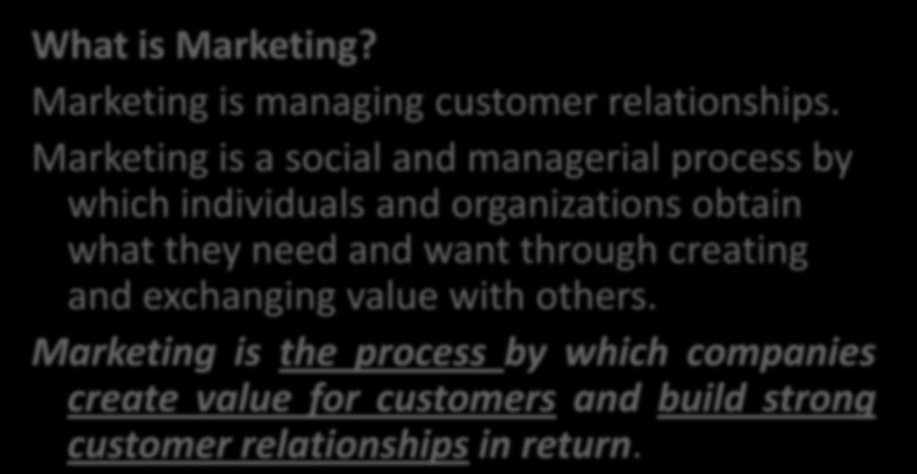 Chapter 1: Creating and capturing customer value What is Marketing? Marketing is managing customer relationships.