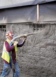 Figure 10.14: Shotcreting on exposed rock surfaces with wire meshes Shotcrete sprayed concrete Concrete is applied pneumatically and compacted dynamically under high velocity.