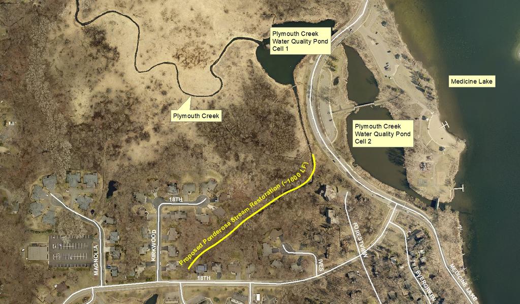 Project Category: Water Quality Ponderosa Woods Stream Restoration This project will restore a stream near Medicine Lake and which drains directly into the Plymouth Creek Water Quality ponds.