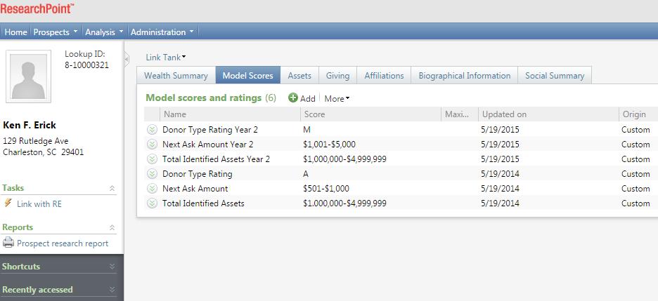 Fundraising Essentials Sample Record in ResearchPoint Fundraising