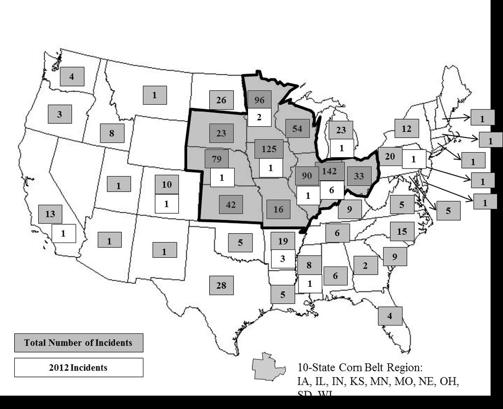 Figure 4: Distribution of grain entrapment cases across the United States.