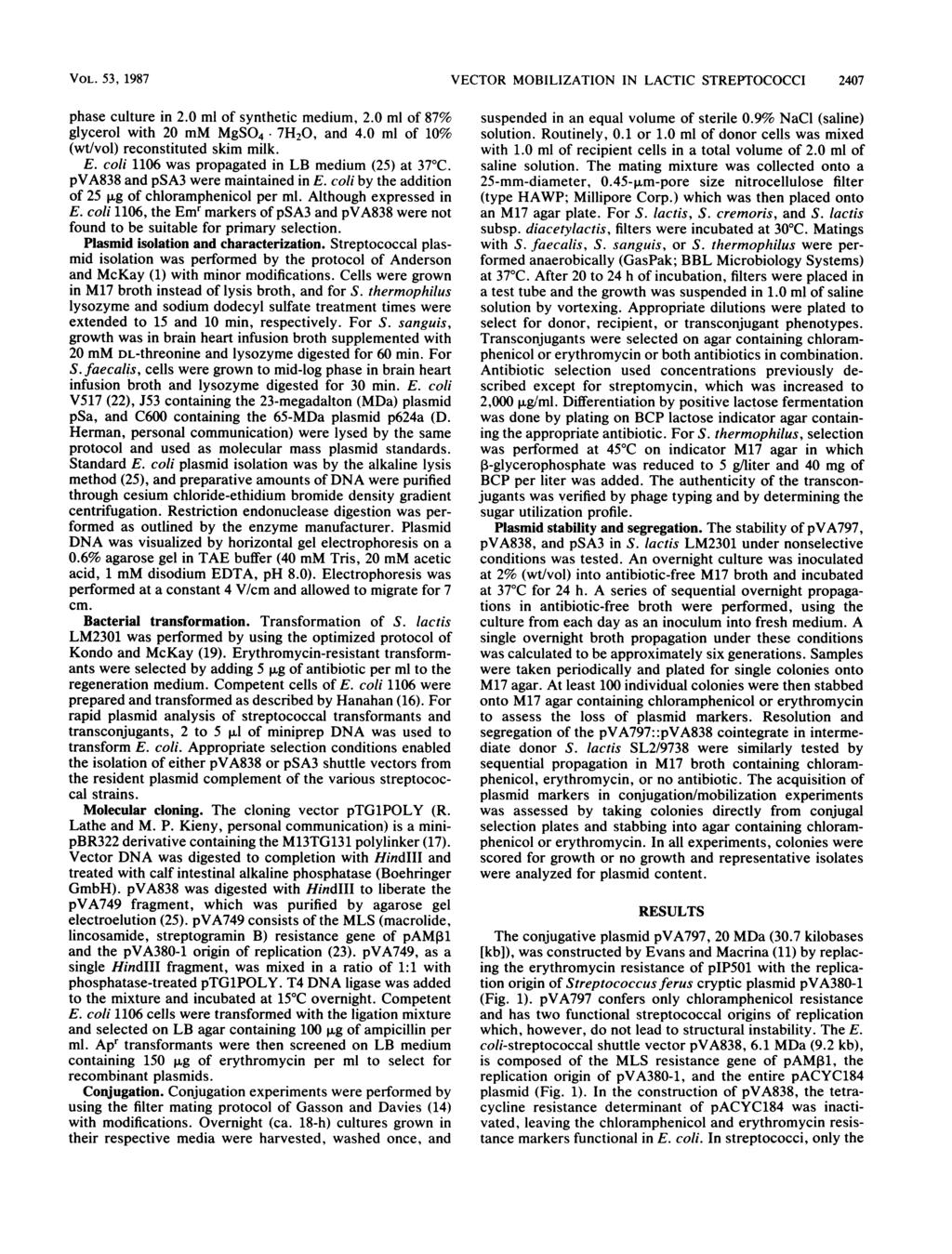 VOL. 53, 1987 VECTOR MOBILIZATION IN LACTIC STREPTOCOCCI 2407 phase culture in 2.0 ml of synthetic medium, 2.0 ml of 87% glycerol with 20 mm MgSO4. 7H20, and 4.