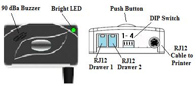 Figure 3: POS108 Connection Panel Layout Figure 4: POS 108 Dimension Views Description: SW # 1 SW# 2 Drawer Alarm option 1, Alarm will sound when cash drawer is left open for XX sec, Alarm will sound