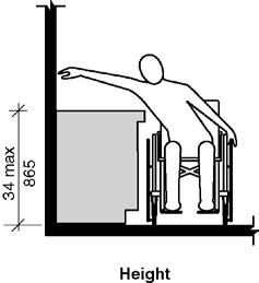 The front of the lavatory shall be 34 inches (865 mm) maximum above the floor, measured to the higher of the rim or counter surface. 1104.11.3.2.2 Water Closet.