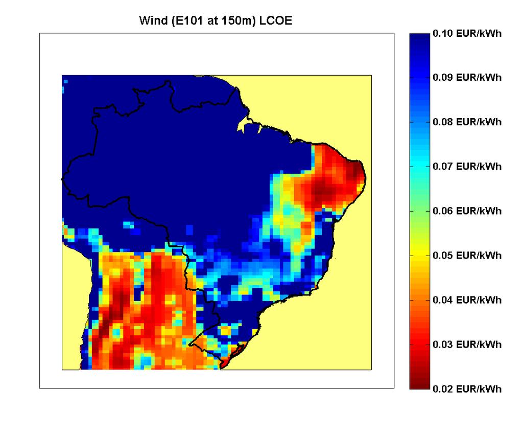 Renewable Energy Potential in Brazil Low LCOE for solar PV (optimal titled) in the entire country Low LCOE for wind in the NE coast and South High