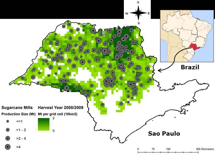 Optimizing biorefinery for energy production The BeWhere model for Brazil Data source/model inputs Size and location of existing sugarcane mills in the state of Sao Paulo in Brazil (60% of the total