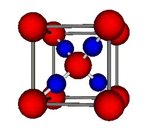 Red = O Blue = Cu Notice that there are O atoms at the cell vertices that are symmetrically equivalent to (0,0,0).
