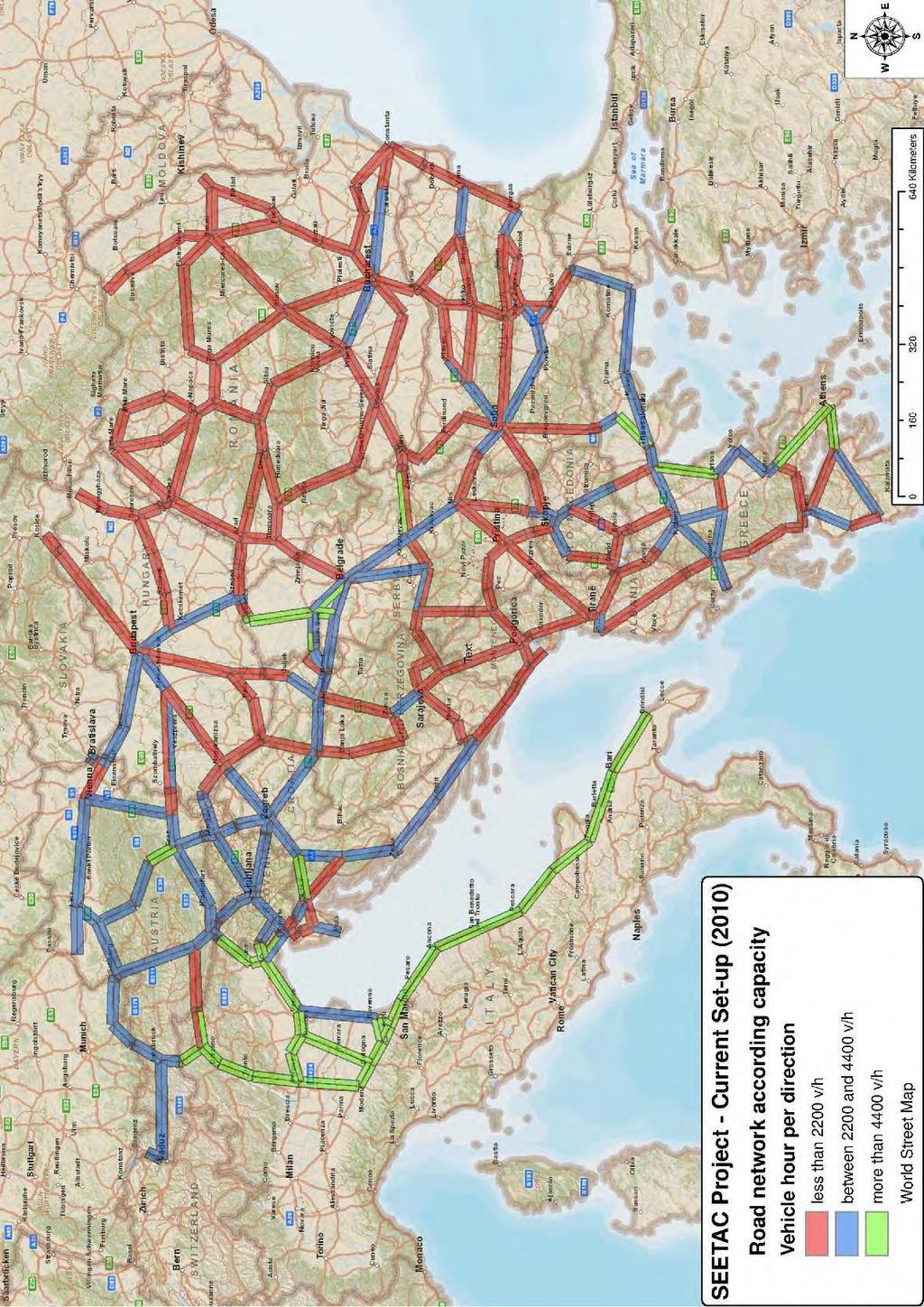 Figure 21 SEETAC Road network links capacity (EURAC Research, 2012) The road links with the higher capacity are located in Italy and Austria.