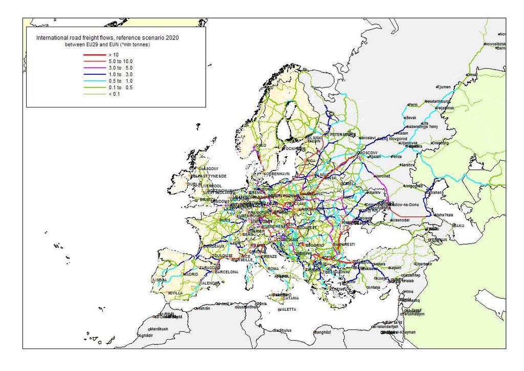 Figure 31 Road freight flows on the Pan-European Network (forecast 2020) (NEA Transport research and